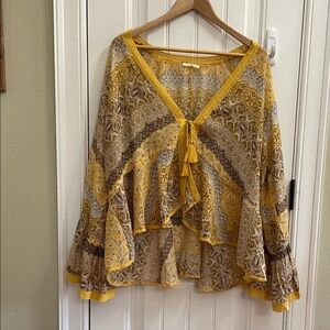 EASEL Mustard Yellow Printed Tie-Front Boho Blouse OS Fit